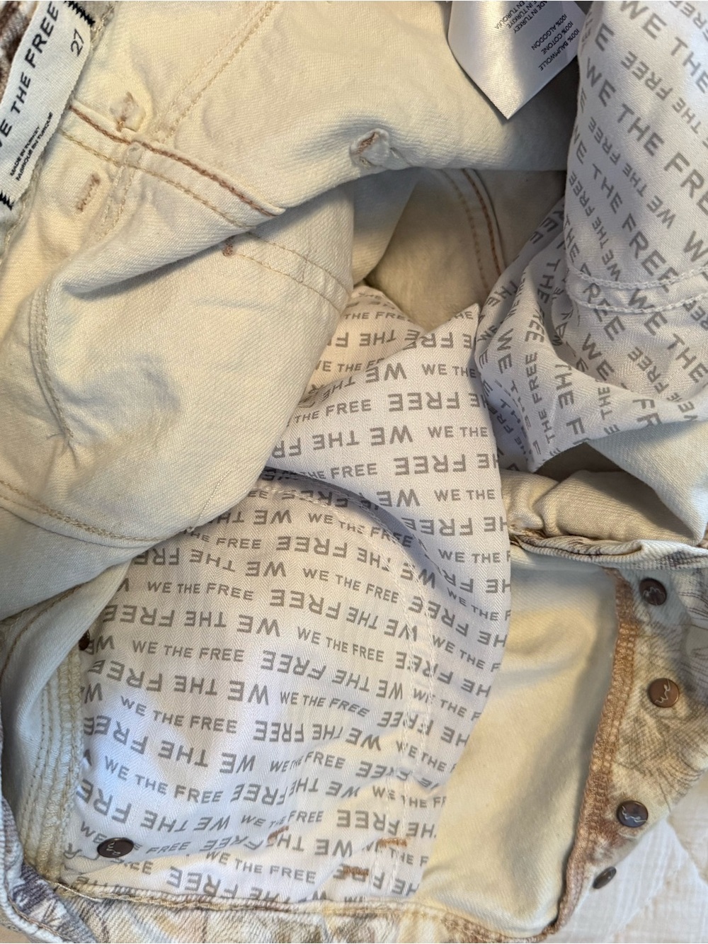 Free People We The Free Good Luck Barrel Jeans Cat Camo Print Cream sz 27 - Picture 10 of 16